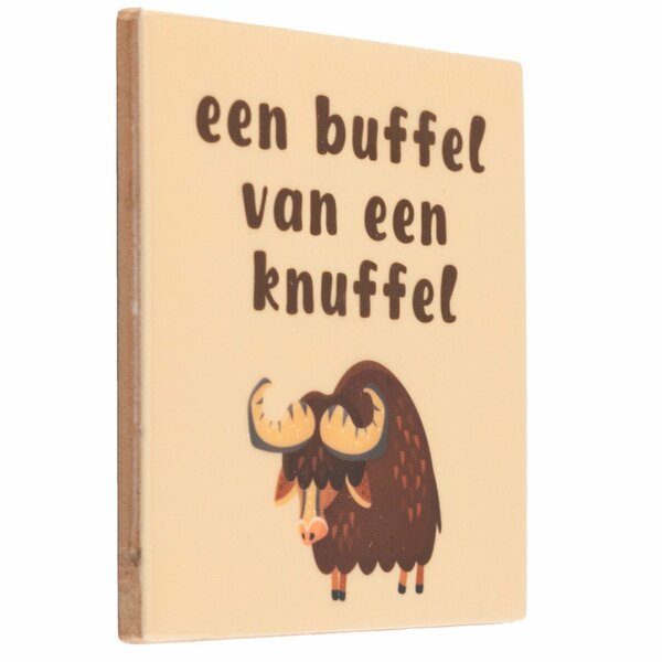 een buffel van een knuffel, tegeltje als cadeau