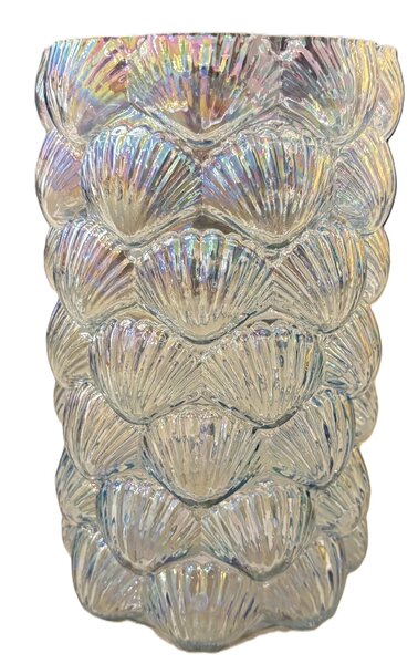 Lichtblauwe glazen vaas met glans, schelp vormen