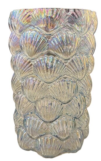 Lichtblauwe glazen vaas met glans, schelp vormen